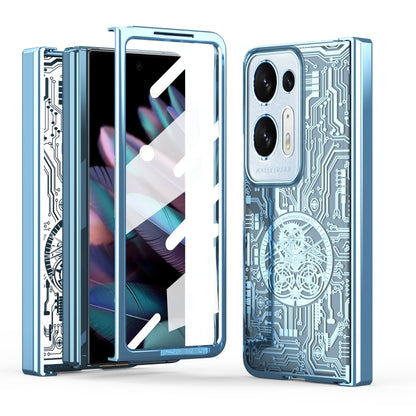 Blue electroplated phone case with mechanical circuit pattern and camera cutouts