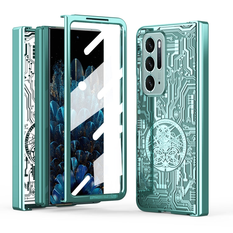 Green electroplated phone case with mechanical circuit pattern, triple camera cutouts