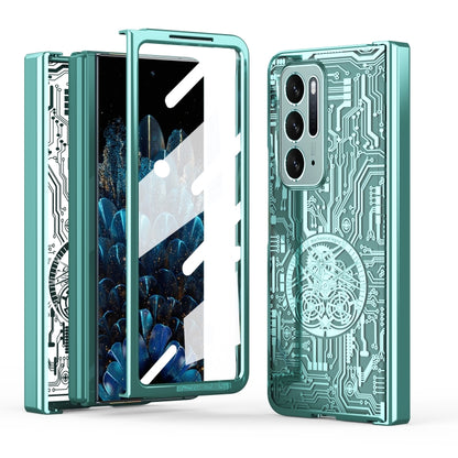 Green electroplated phone case with mechanical circuit pattern, triple camera cutouts