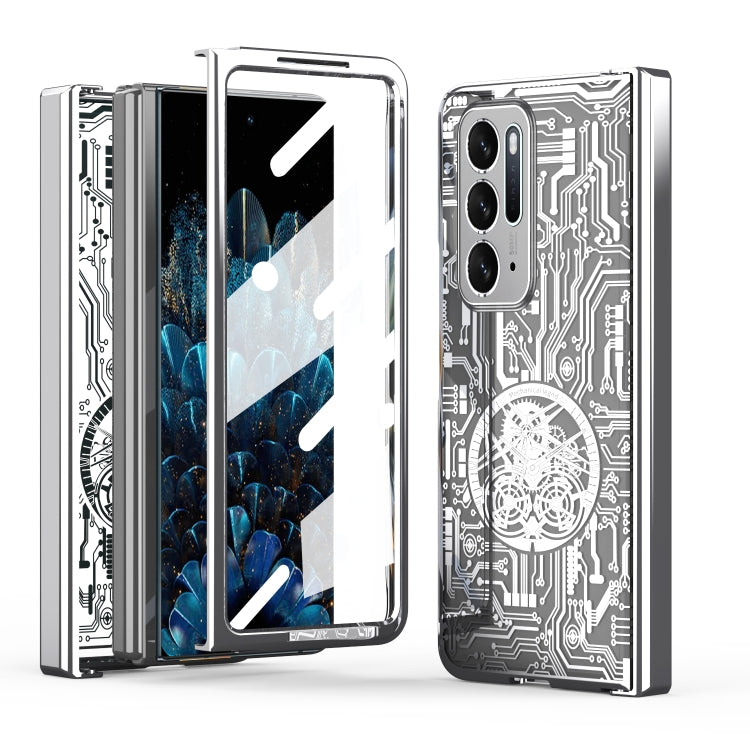 Silver electroplated phone case with mechanical circuit pattern and camera cutouts