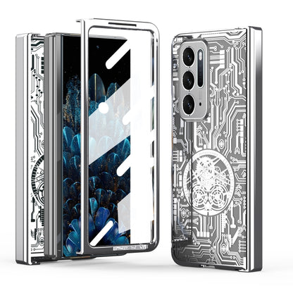 Silver electroplated phone case with mechanical circuit pattern and camera cutouts