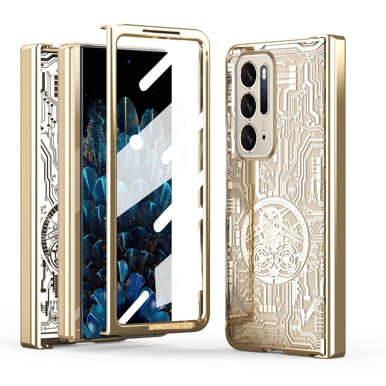 Champagne gold electroplated phone case with mechanical circuit pattern and camera cutouts