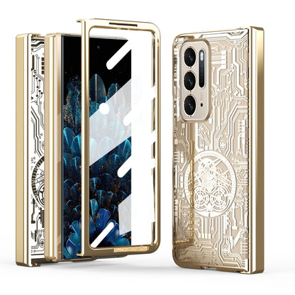 Champagne gold electroplated phone case with mechanical circuit pattern and camera cutouts