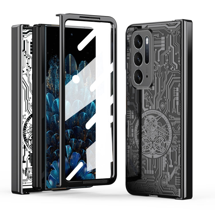 Black electroplated phone case with mechanical circuit pattern and triple camera cutouts
