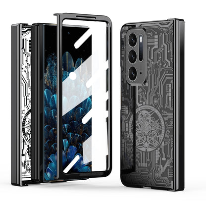 Black electroplated phone case with mechanical circuit pattern and triple camera cutouts