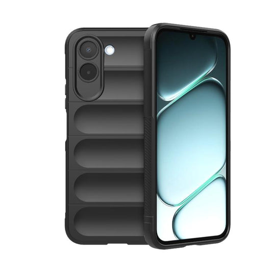 Black rugged phone case with raised camera cutouts and textured side grips