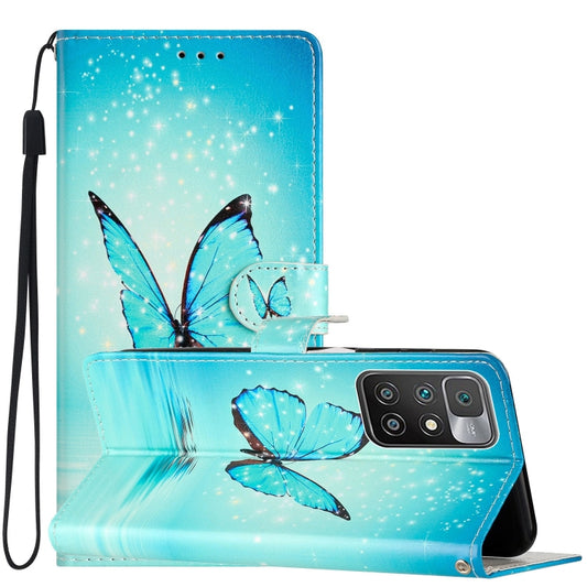 Blue butterfly leather-style folio phone case with wrist strap and magnetic flap