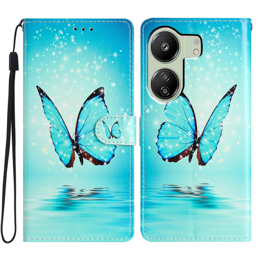 Blue butterfly printed leather wallet phone case with magnetic clasp and wrist strap