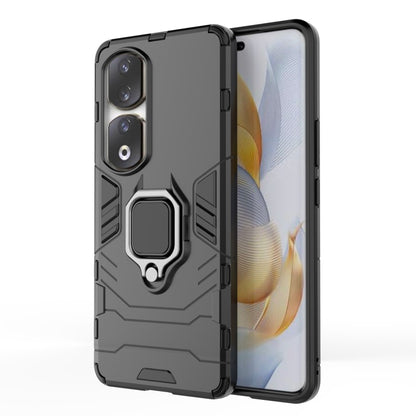 Black rugged phone case with magnetic ring holder; slim profile side buttons