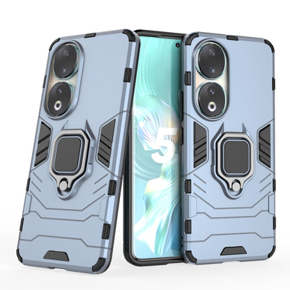 Light blue TPU phone case with magnetic ring holder and rugged corner protection
