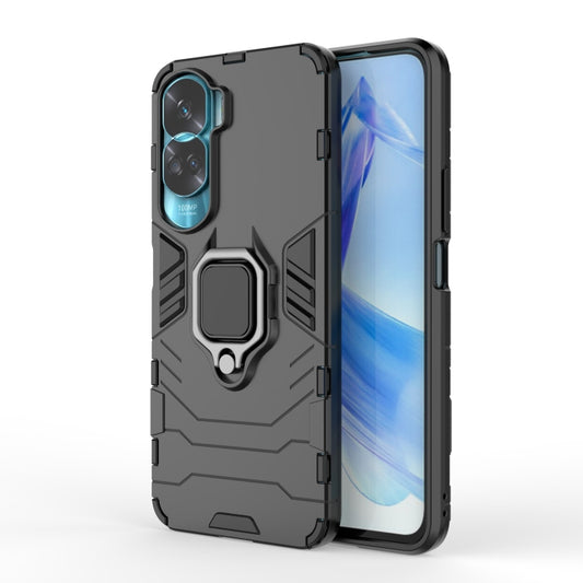 Black rugged phone case with magnetic ring holder and camera cutouts