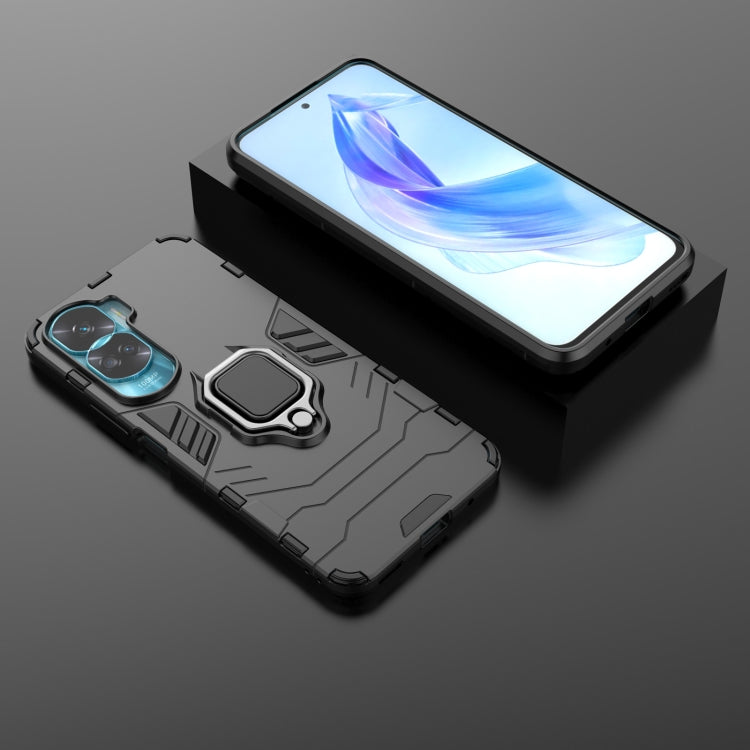 Rugged phone case with magnetic ring holder, shown with front and back