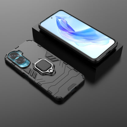 Rugged phone case with magnetic ring holder, shown with front and back