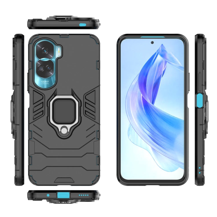Black rugged TPU phone case with magnetic ring holder, side buttons exposed
