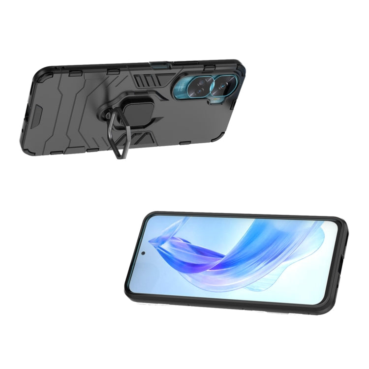Black rugged phone case with magnetic ring holder, front and back views