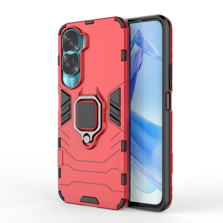 Red rugged phone case with magnetic ring holder and raised camera protection