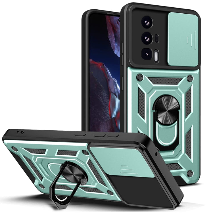 Mint green rugged phone case with sliding camera cover and ring stand