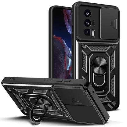 Black rugged phone case with sliding camera cover and built-in ring stand