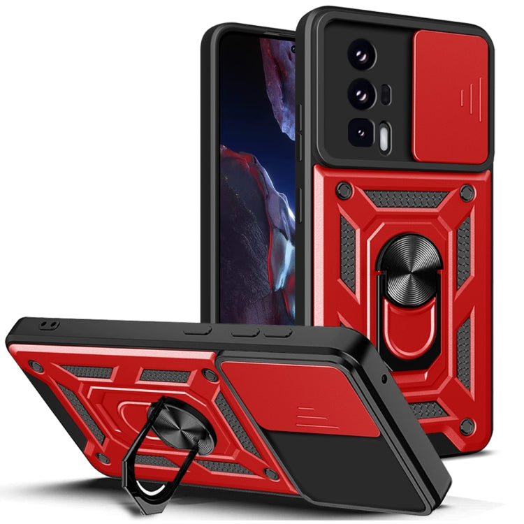 Red rugged phone case with sliding camera cover and rotating ring stand