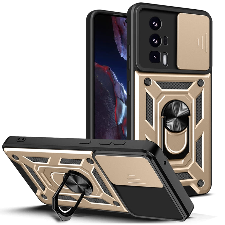 Gold tone rugged phone case with sliding camera cover and ring stand