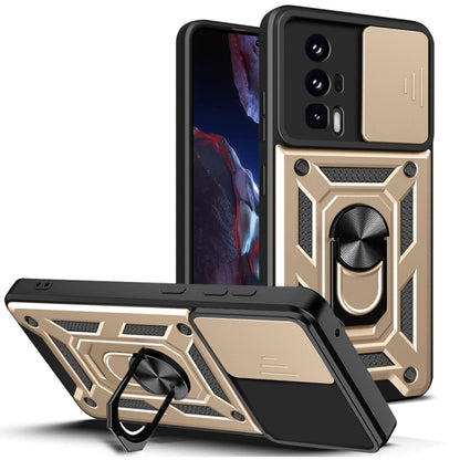 Gold tone rugged phone case with sliding camera cover and ring stand
