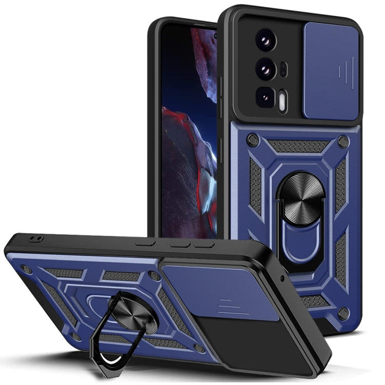 Blue rugged phone case with sliding camera cover and ring stand