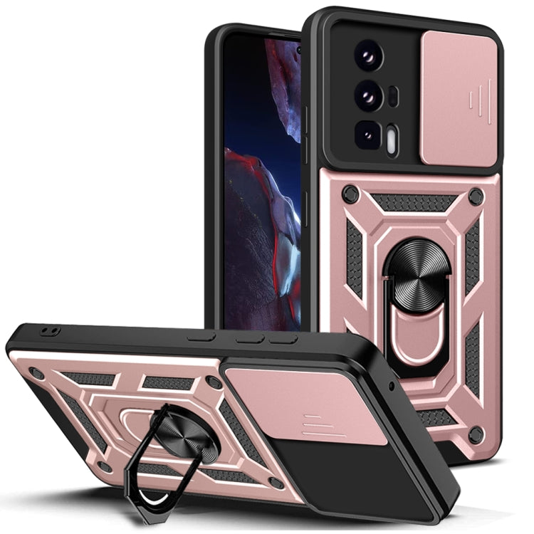 Rose pink rugged phone case with sliding camera cover and ring stand