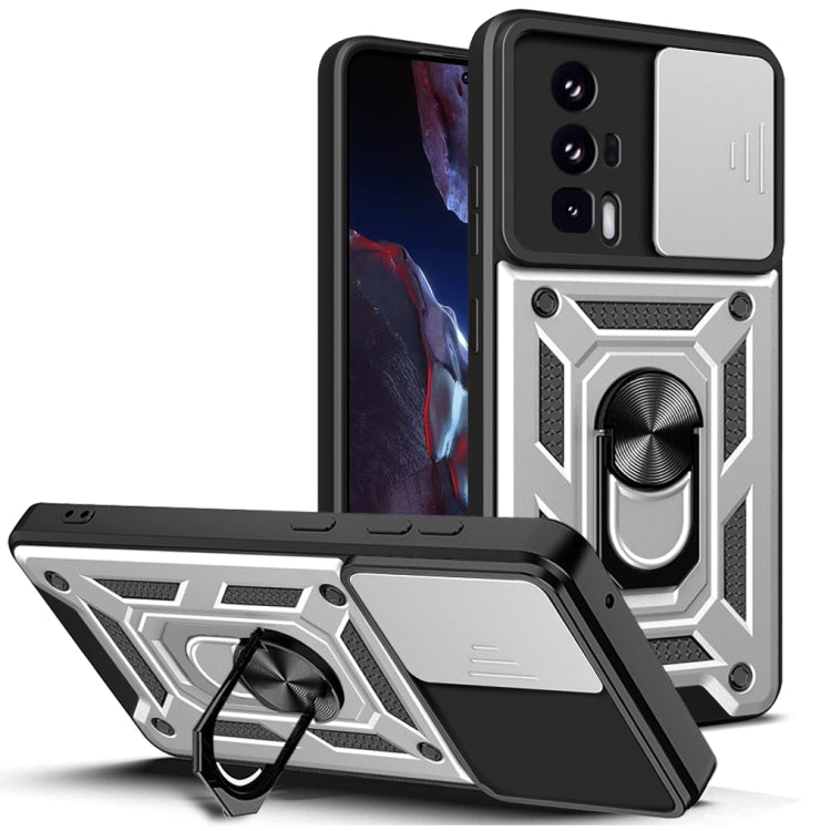 Silver tone rugged phone case with sliding camera cover and ring stand