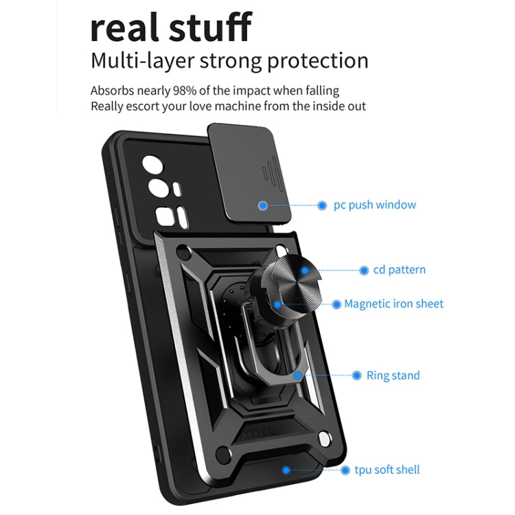 Black rugged phone case features diagram with sliding cover and ring stand
