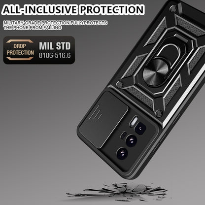 Black rugged phone case with sliding camera cover, ring stand, and reinforced corners