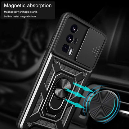 Black rugged phone case with sliding camera cover and magnetic ring stand
