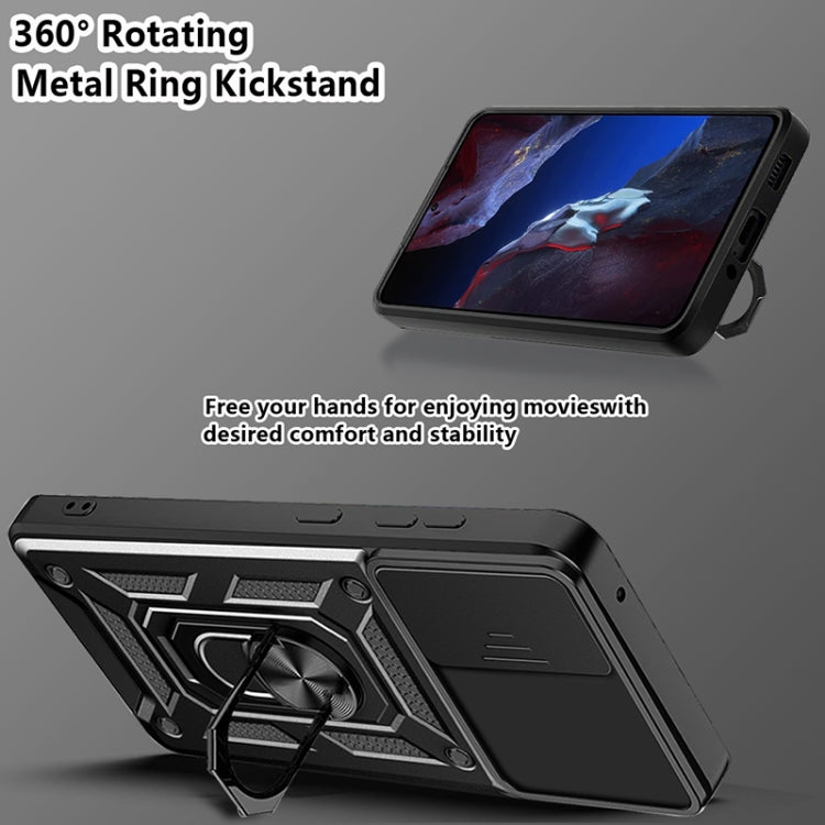 Black phone case with sliding camera cover and metal kickstand, for Poco F5 Pro