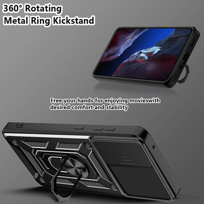 Black phone case with sliding camera cover and metal kickstand, for Poco F5 Pro