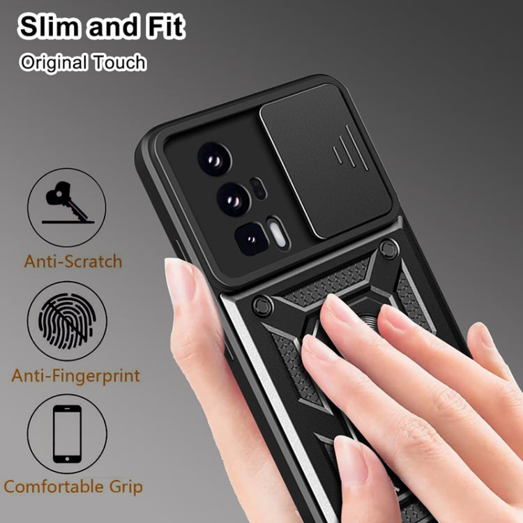 Black hybrid phone case with sliding camera window and textured grip for Poco F5 Pro