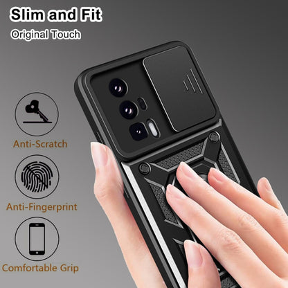 Black hybrid phone case with sliding camera window and textured grip for Poco F5 Pro
