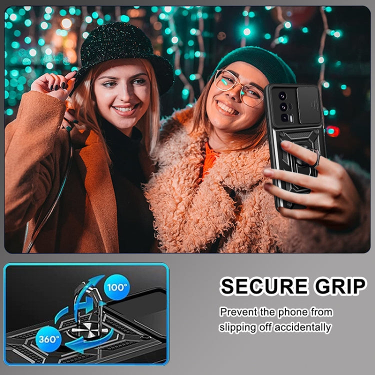 Black phone case with sliding camera cover and secure-grip texture, for Poco F5 Pro