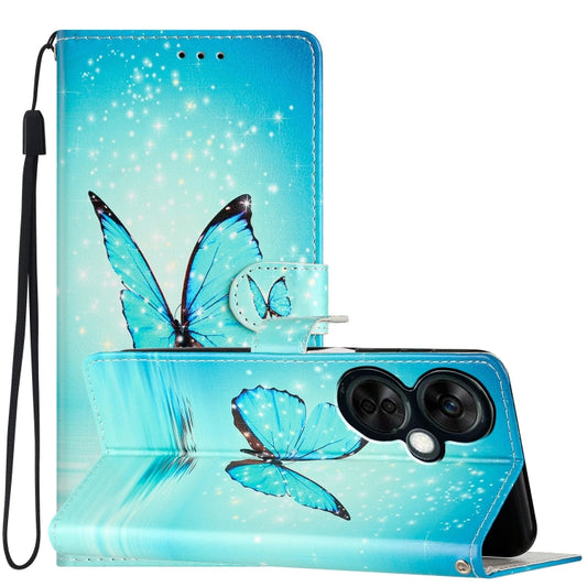 Blue butterfly print leather-style phone case with flip cover and wrist strap