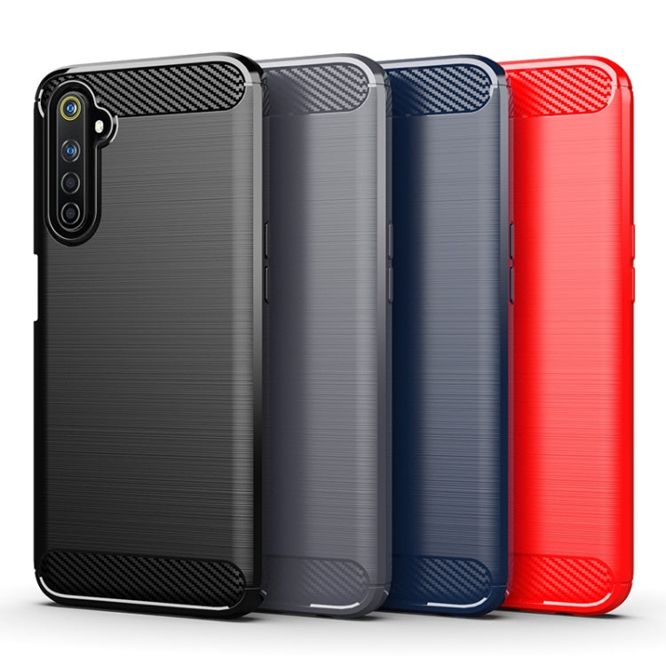 Set of brushed carbon fiber TPU phone cases in black, red, and blue with textured tops