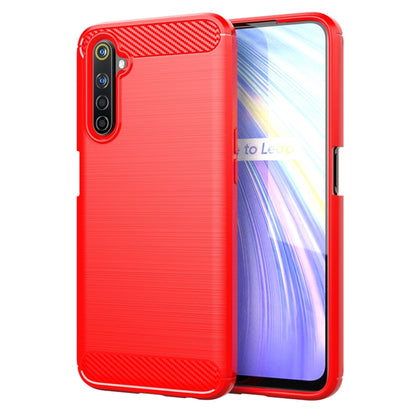 Red brushed carbon fiber TPU phone case with raised camera cutout and textured top strip