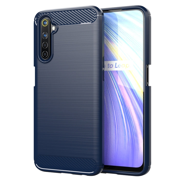 Blue/gray brushed carbon fiber TPU phone case with raised camera area and textured corners