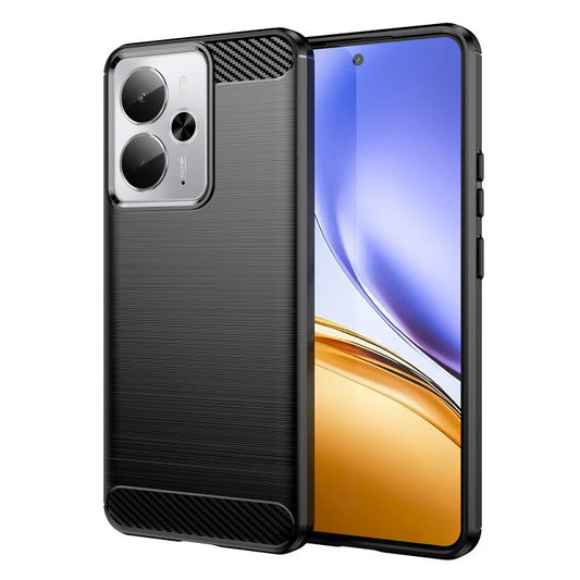 Black brushed TPU phone case with carbon-fiber pattern edges and camera cutouts