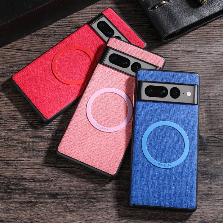 MagSafe magnetic ring cloth-texture phone case set with red, pink, and blue circular rings