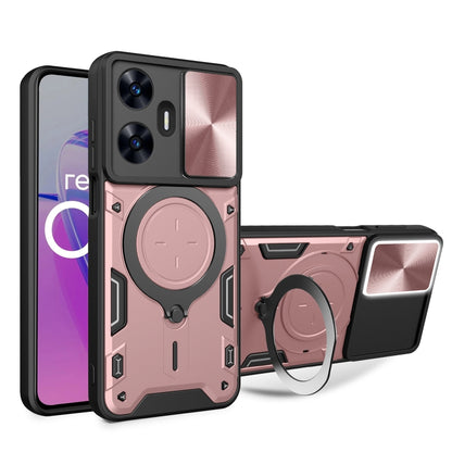 Pink sliding phone case with magnetic circular holder and textured camera panel for protection