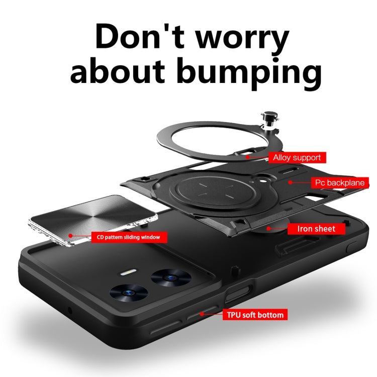 Black phone case underside with circular magnetic stand, anti-bump structure, and sliding cover