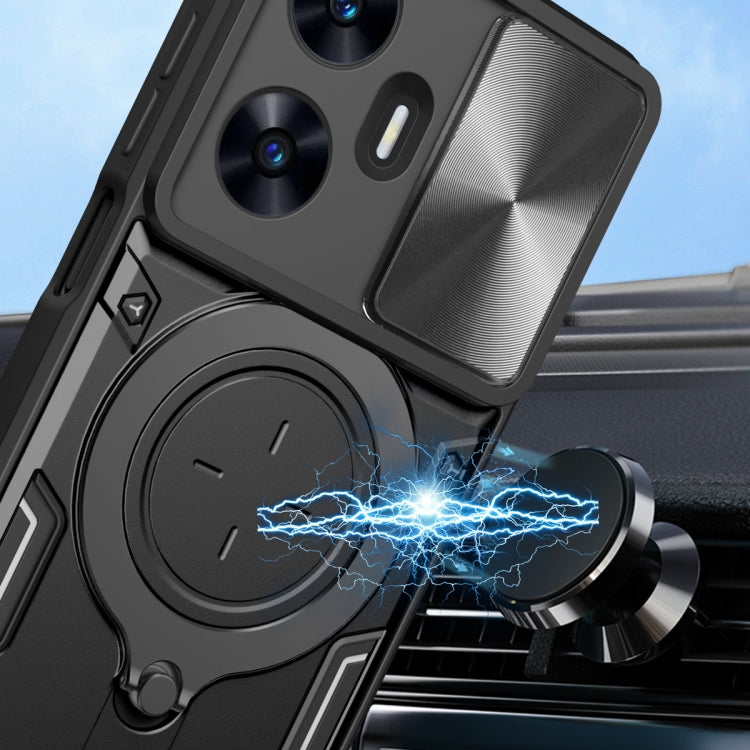 Black sliding phone case with textured back panel, camera cutouts, and magnetic circular stand