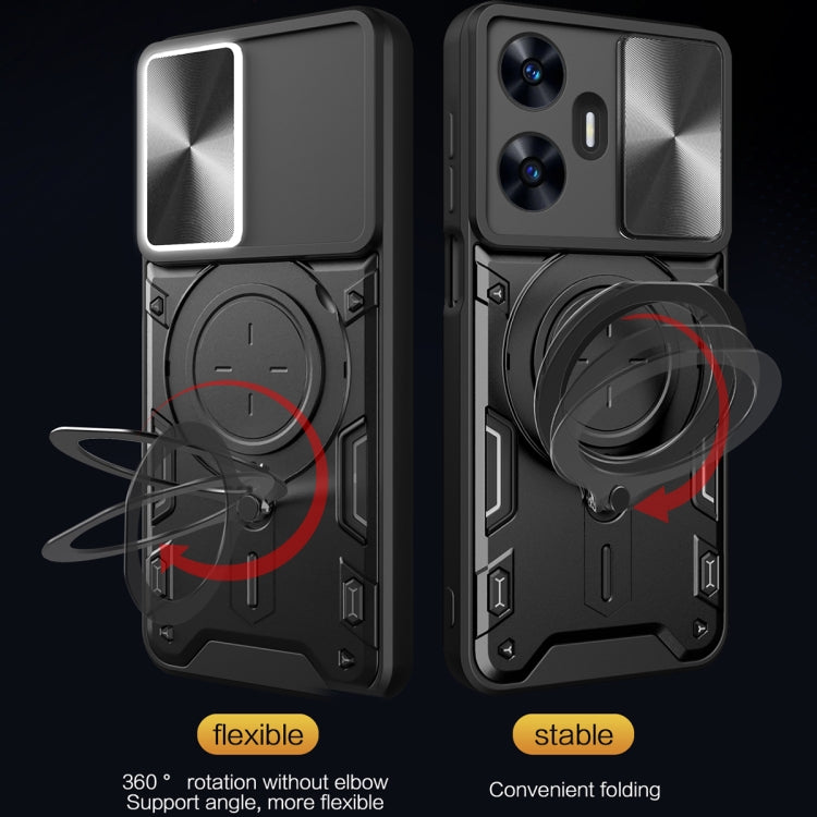 Black sliding phone case with rotating magnetic holder ring and reinforced hinge design