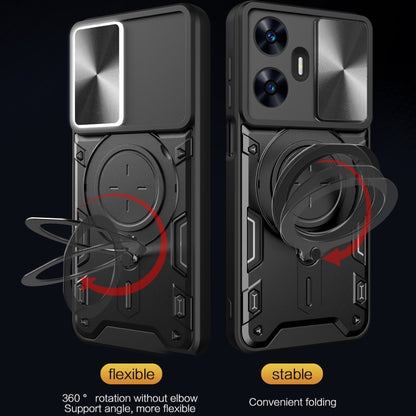 Black sliding phone case with rotating magnetic holder ring and reinforced hinge design