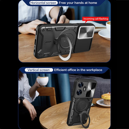 Black sliding phone case with magnetic holder stand shown on a tabletop for daily use