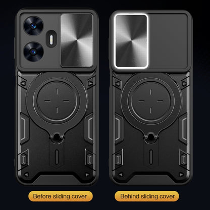 Black sliding phone case with magnetic circular holder; front and back views