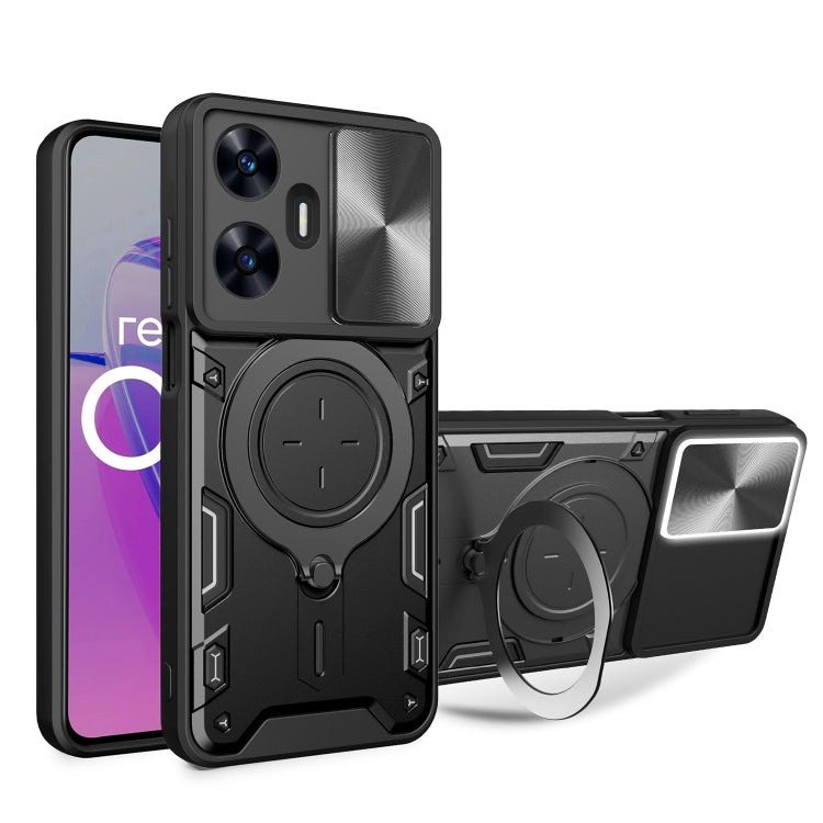 Black sliding phone case with magnetic circular holder and textured camera panel for protection